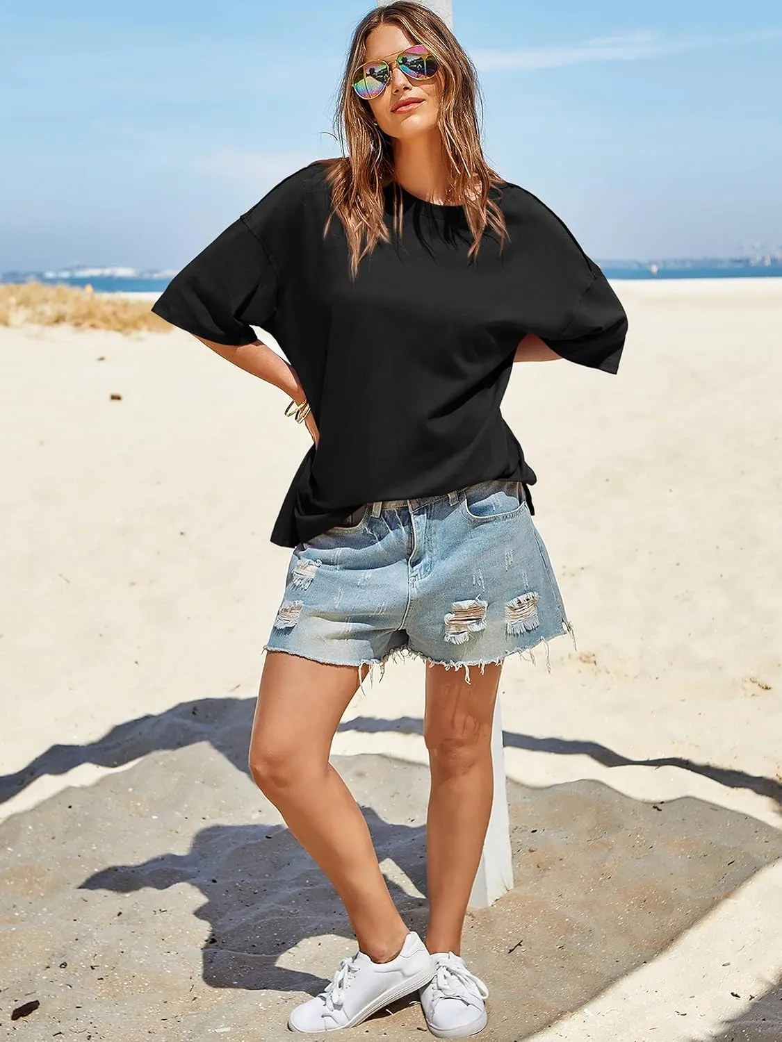 Tankaneo Womens Oversized Tshirts Summer Casual Short Sleeve Crew Neck T Shirt Loose Fit Side Slit Tee Tops