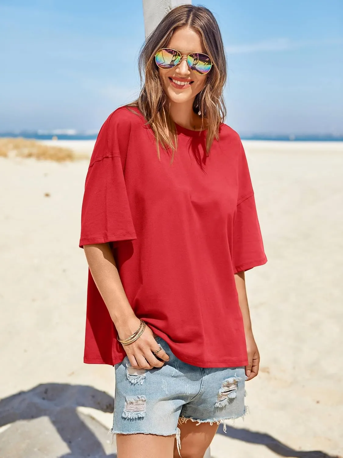 Tankaneo Womens Oversized Tshirts Summer Casual Short Sleeve Crew Neck T Shirt Loose Fit Side Slit Tee Tops