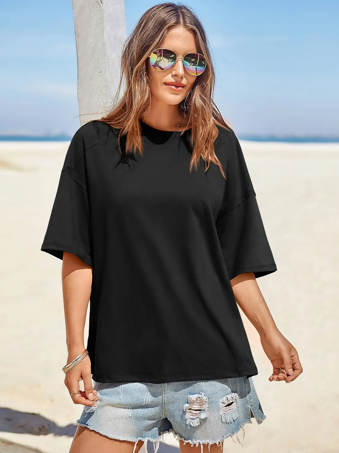 Tankaneo Womens Oversized Tshirts Summer Casual Short Sleeve Crew Neck T Shirt Loose Fit Side Slit Tee Tops
