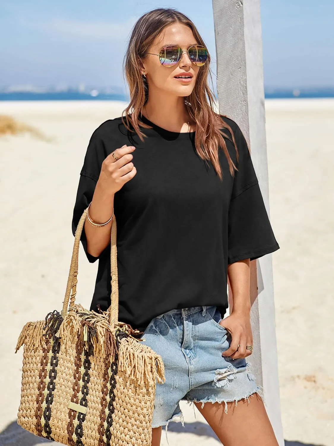 Tankaneo Womens Oversized Tshirts Summer Casual Short Sleeve Crew Neck T Shirt Loose Fit Side Slit Tee Tops
