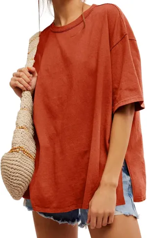 Tankaneo Womens Oversized Tshirts Summer Casual Short Sleeve Crew Neck T Shirt Loose Fit Side Slit Tee Tops