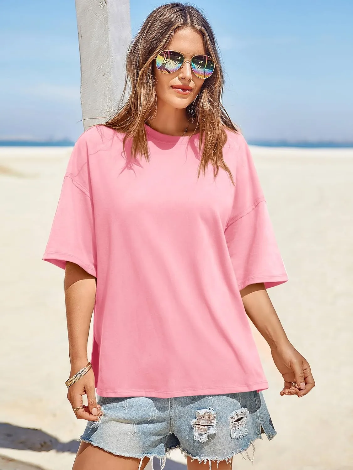 Tankaneo Womens Oversized Tshirts Summer Casual Short Sleeve Crew Neck T Shirt Loose Fit Side Slit Tee Tops