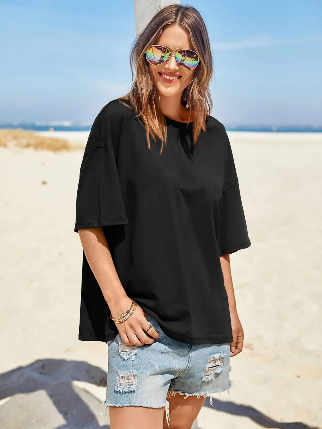 Tankaneo Womens Oversized Tshirts Summer Casual Short Sleeve Crew Neck T Shirt Loose Fit Side Slit Tee Tops