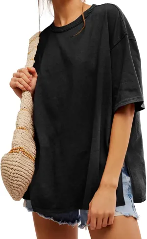 Tankaneo Womens Oversized Tshirts Summer Casual Short Sleeve Crew Neck T Shirt Loose Fit Side Slit Tee Tops