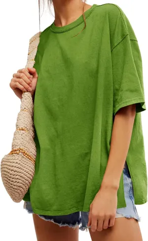 Tankaneo Womens Oversized Tshirts Summer Casual Short Sleeve Crew Neck T Shirt Loose Fit Side Slit Tee Tops