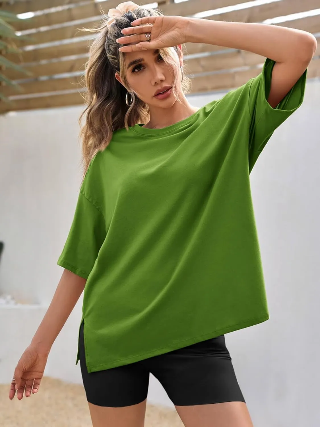 Tankaneo Womens Oversized Tshirts Summer Casual Short Sleeve Crew Neck T Shirt Loose Fit Side Slit Tee Tops