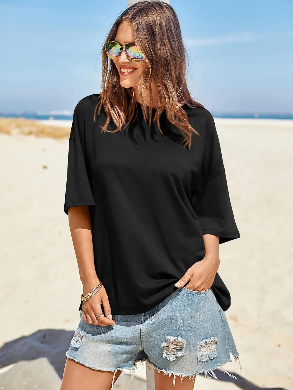 Tankaneo Womens Oversized Tshirts Summer Casual Short Sleeve Crew Neck T Shirt Loose Fit Side Slit Tee Tops