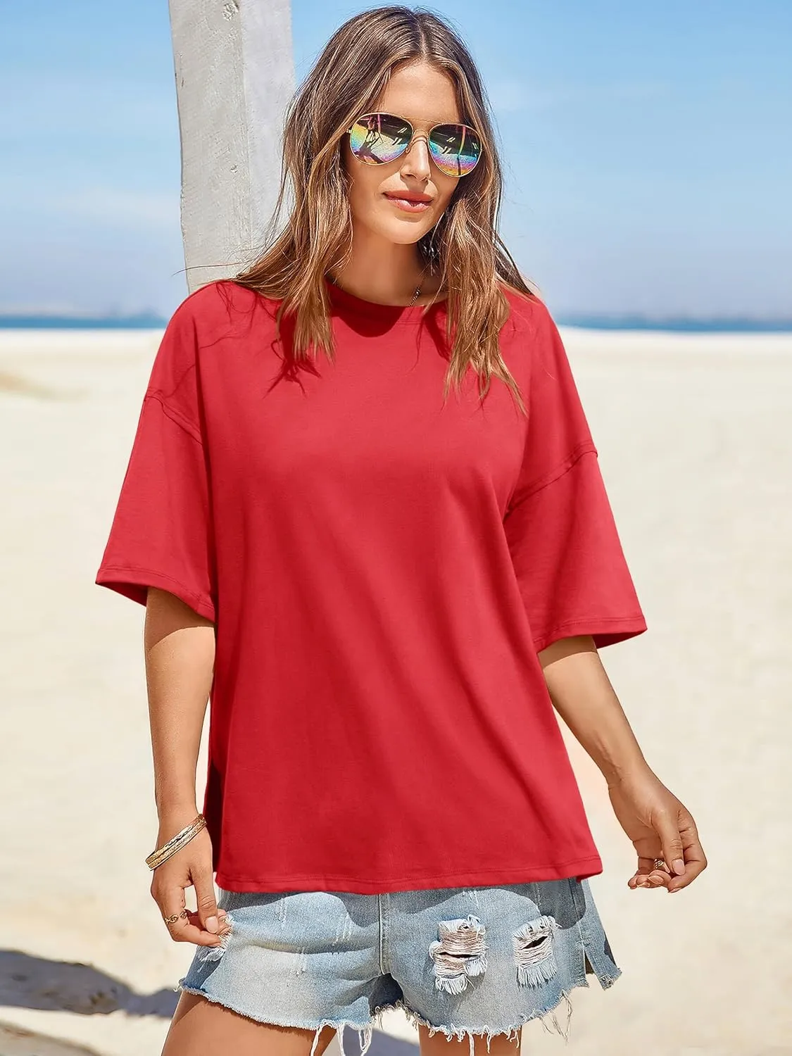 Tankaneo Womens Oversized Tshirts Summer Casual Short Sleeve Crew Neck T Shirt Loose Fit Side Slit Tee Tops