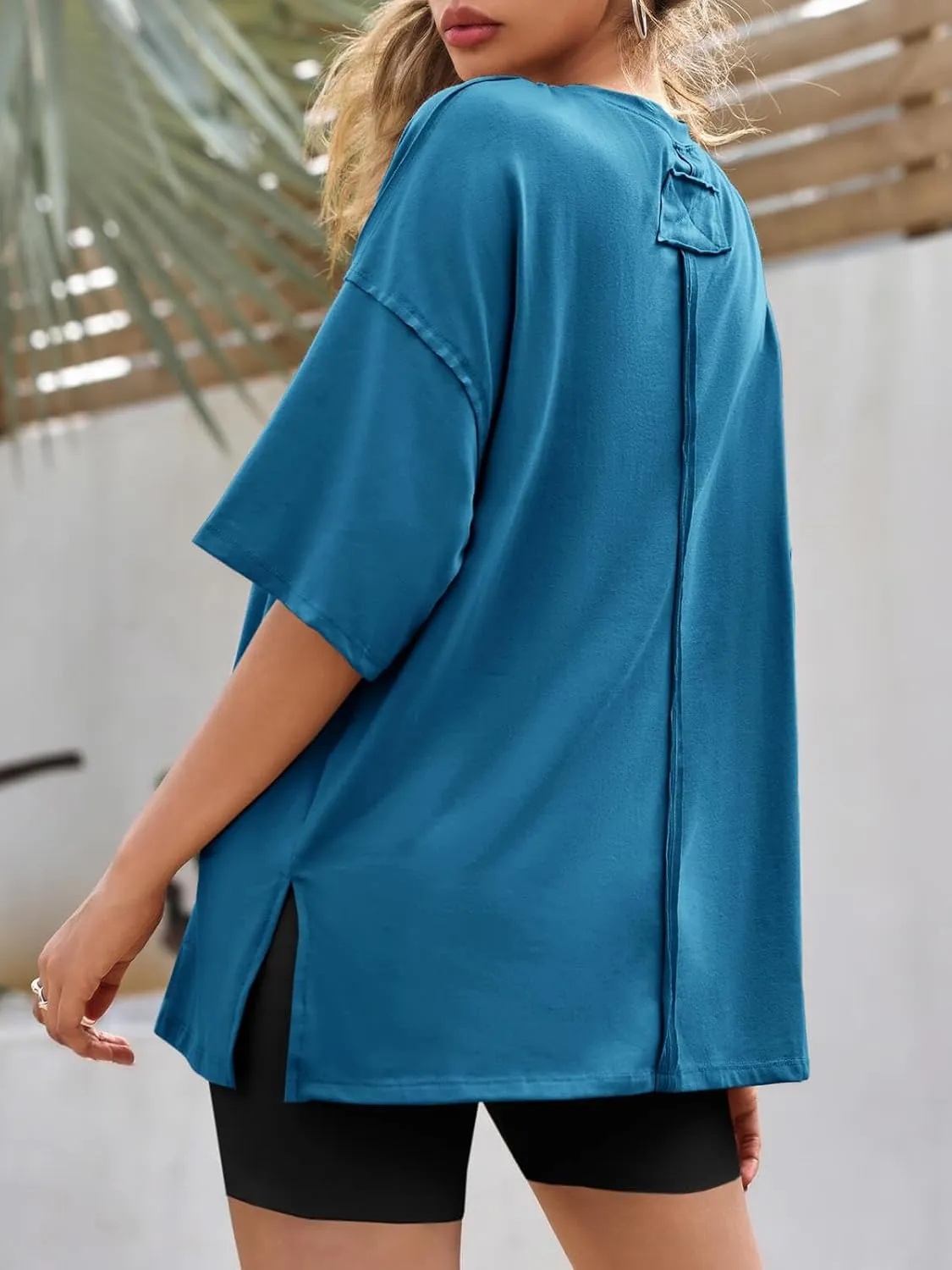 Tankaneo Womens Oversized Tshirts Summer Casual Short Sleeve Crew Neck T Shirt Loose Fit Side Slit Tee Tops