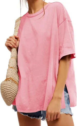 Tankaneo Womens Oversized Tshirts Summer Casual Short Sleeve Crew Neck T Shirt Loose Fit Side Slit Tee Tops