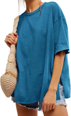 Tankaneo Womens Oversized Tshirts Summer Casual Short Sleeve Crew Neck T Shirt Loose Fit Side Slit Tee Tops