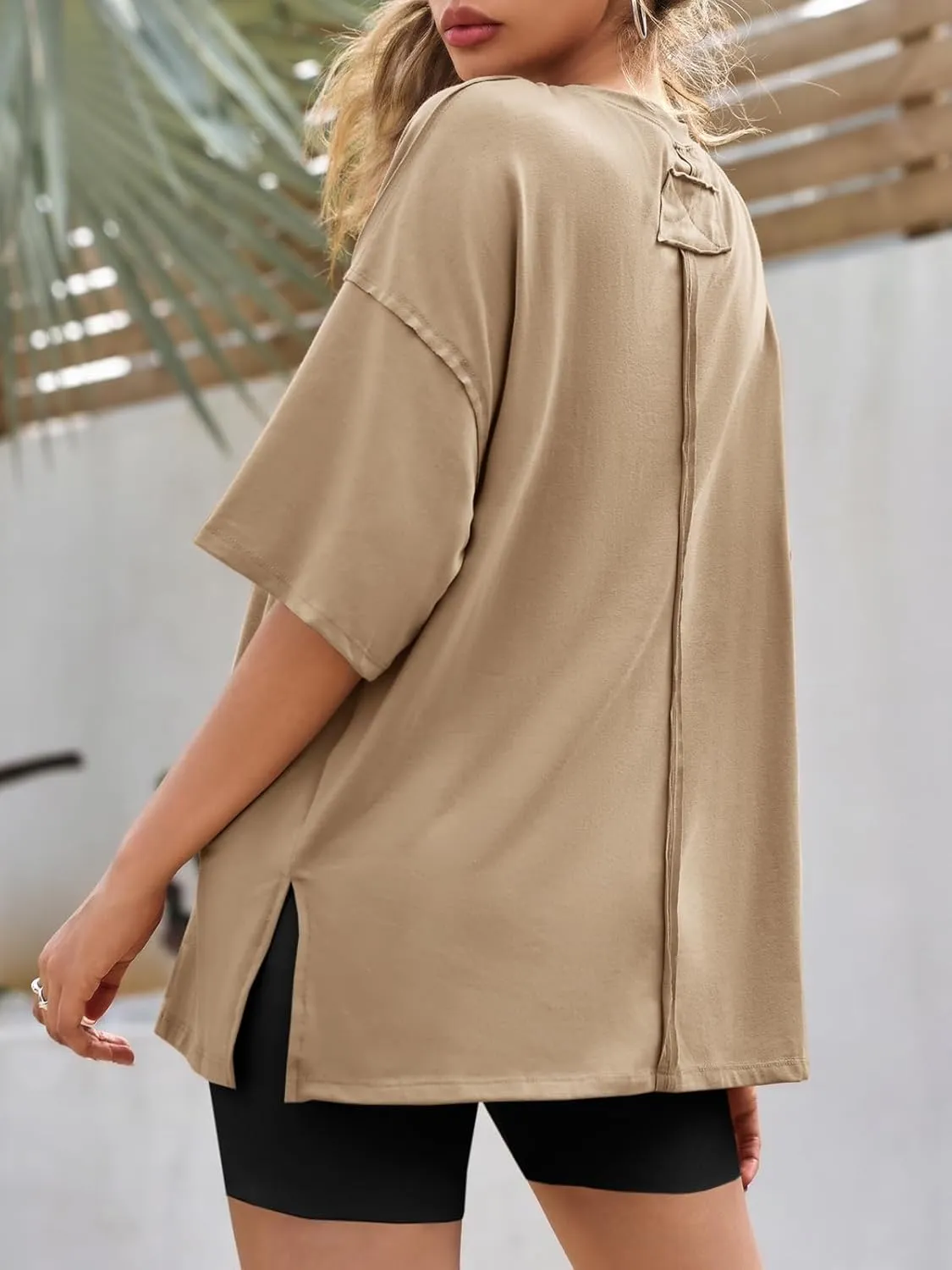 Tankaneo Womens Oversized Tshirts Summer Casual Short Sleeve Crew Neck T Shirt Loose Fit Side Slit Tee Tops