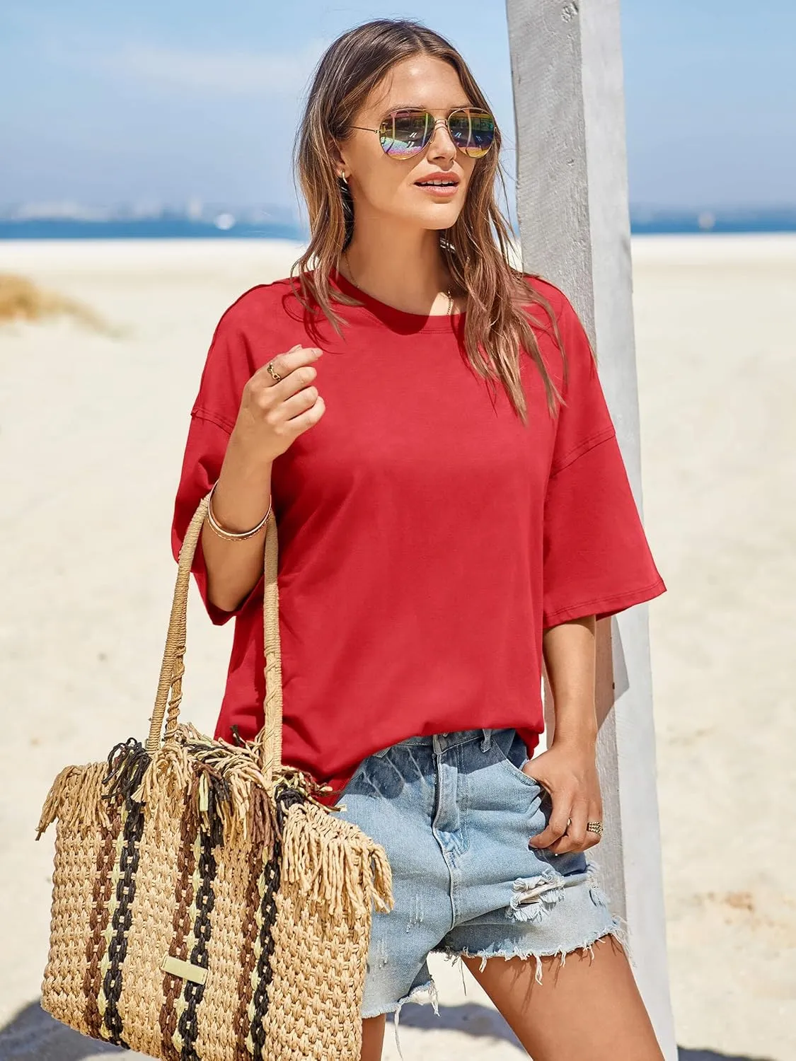 Tankaneo Womens Oversized Tshirts Summer Casual Short Sleeve Crew Neck T Shirt Loose Fit Side Slit Tee Tops