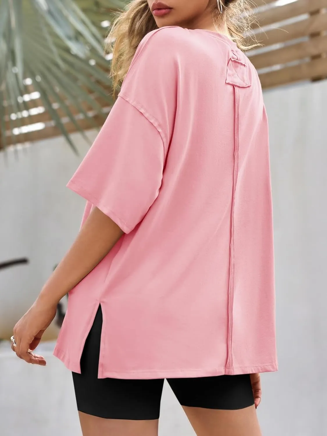 Tankaneo Womens Oversized Tshirts Summer Casual Short Sleeve Crew Neck T Shirt Loose Fit Side Slit Tee Tops