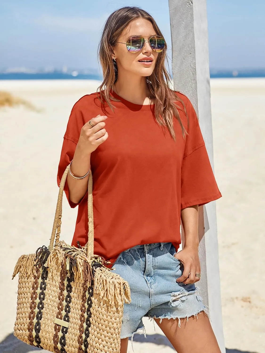 Tankaneo Womens Oversized Tshirts Summer Casual Short Sleeve Crew Neck T Shirt Loose Fit Side Slit Tee Tops