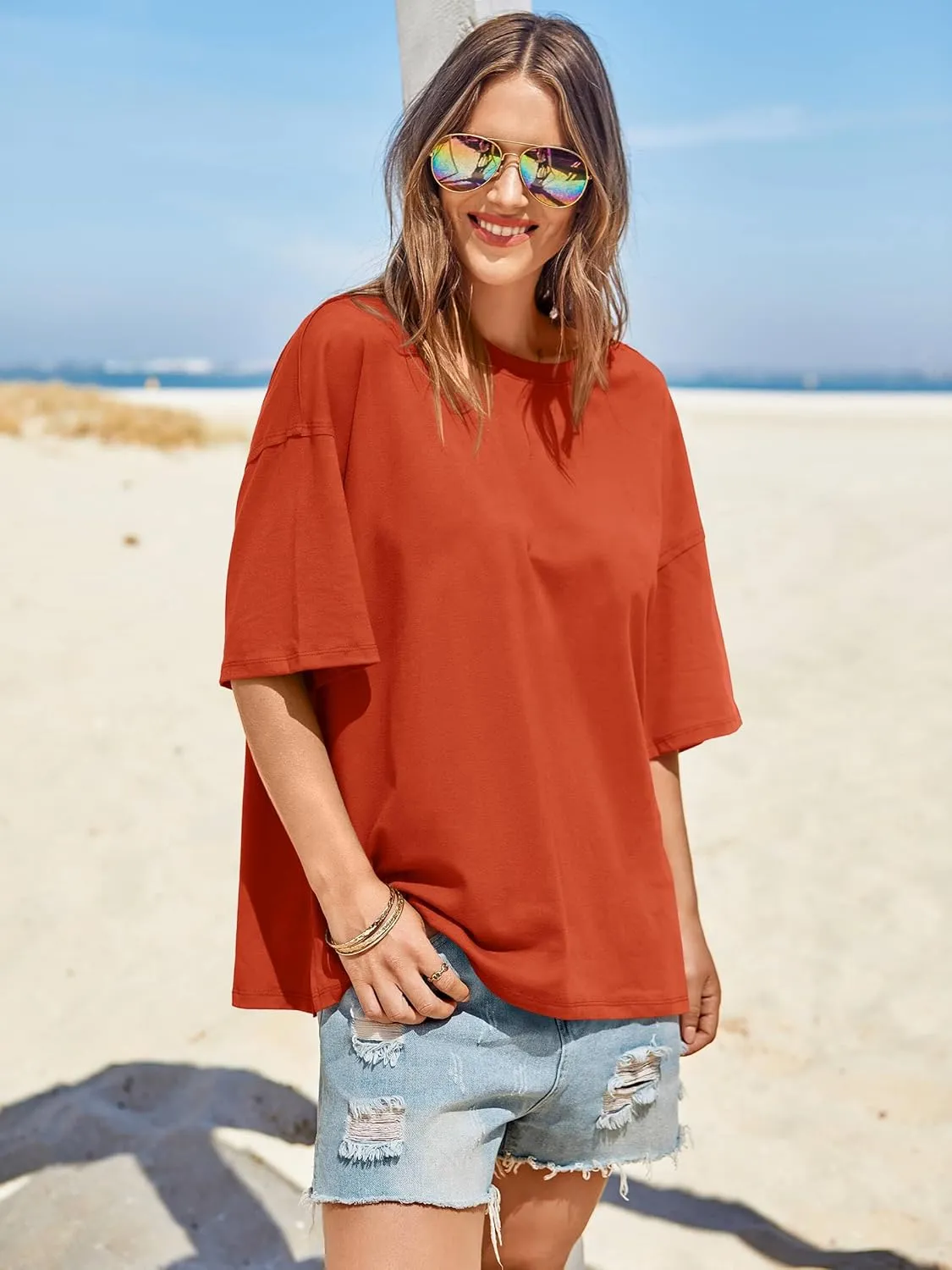 Tankaneo Womens Oversized Tshirts Summer Casual Short Sleeve Crew Neck T Shirt Loose Fit Side Slit Tee Tops
