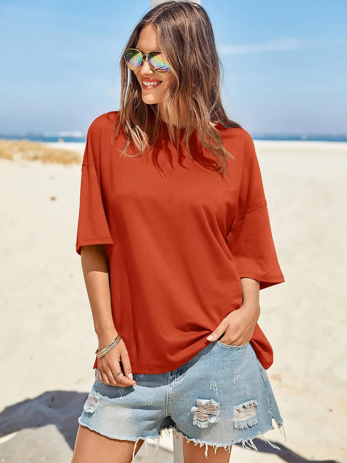 Tankaneo Womens Oversized Tshirts Summer Casual Short Sleeve Crew Neck T Shirt Loose Fit Side Slit Tee Tops