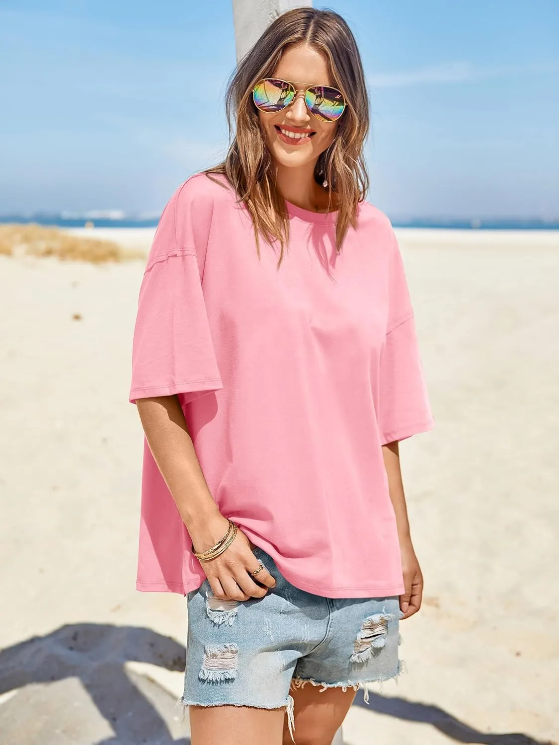 Tankaneo Womens Oversized Tshirts Summer Casual Short Sleeve Crew Neck T Shirt Loose Fit Side Slit Tee Tops