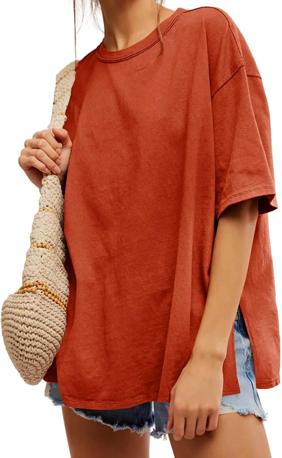 Tankaneo Womens Oversized Tshirts Summer Casual Short Sleeve Crew Neck T Shirt Loose Fit Side Slit Tee Tops