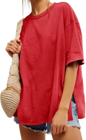Tankaneo Womens Oversized Tshirts Summer Casual Short Sleeve Crew Neck T Shirt Loose Fit Side Slit Tee Tops