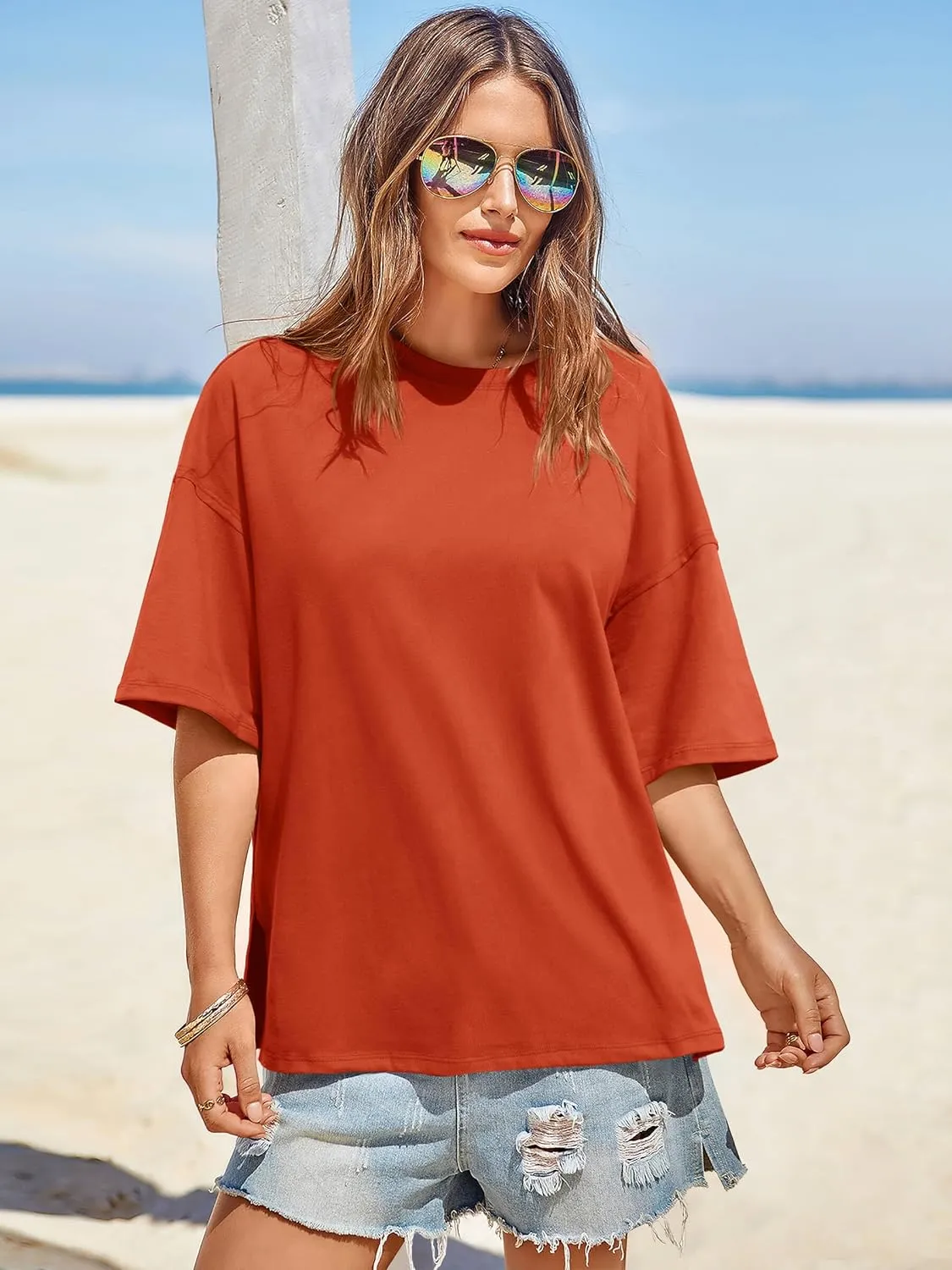 Tankaneo Womens Oversized Tshirts Summer Casual Short Sleeve Crew Neck T Shirt Loose Fit Side Slit Tee Tops