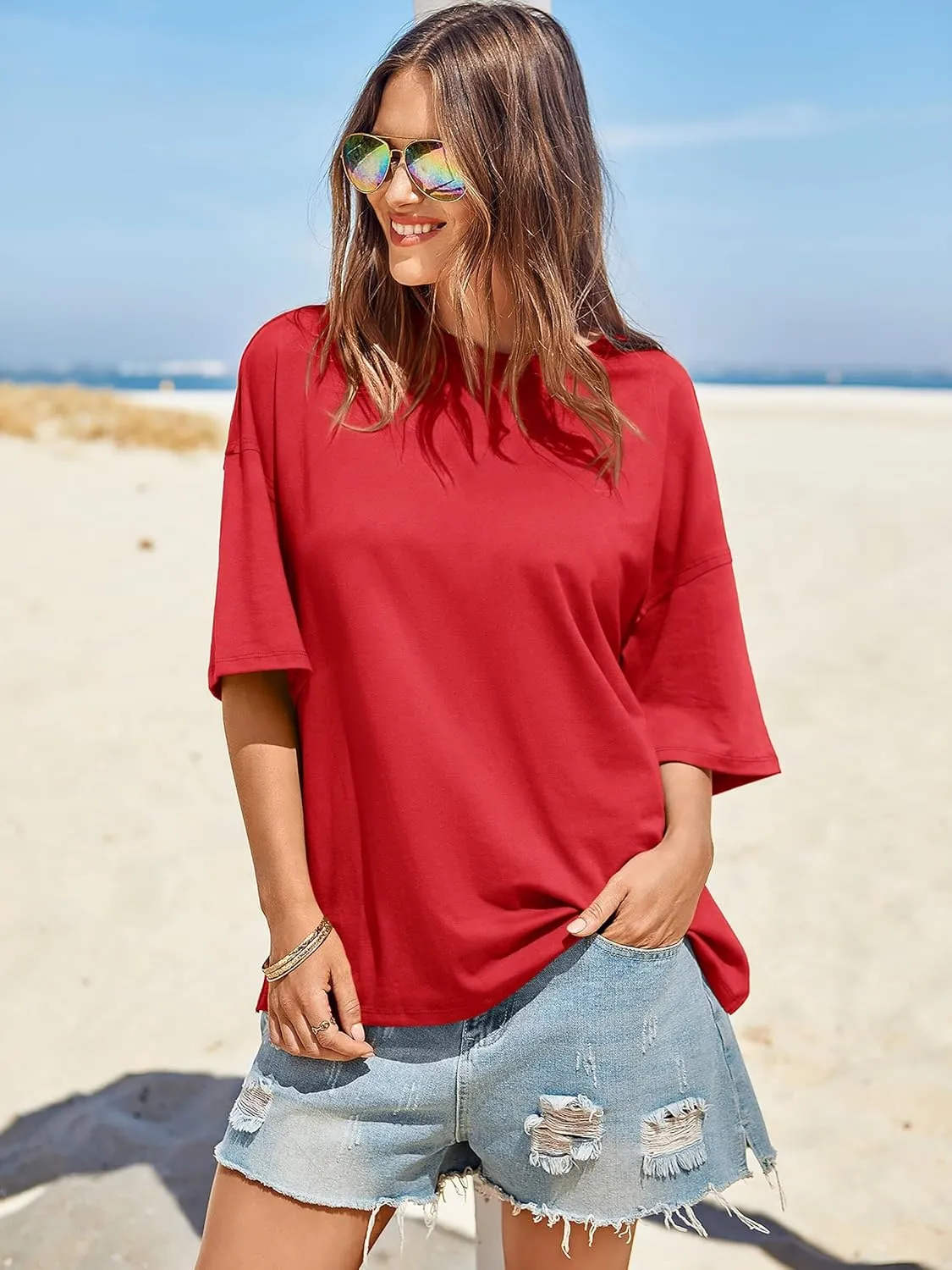 Tankaneo Womens Oversized Tshirts Summer Casual Short Sleeve Crew Neck T Shirt Loose Fit Side Slit Tee Tops
