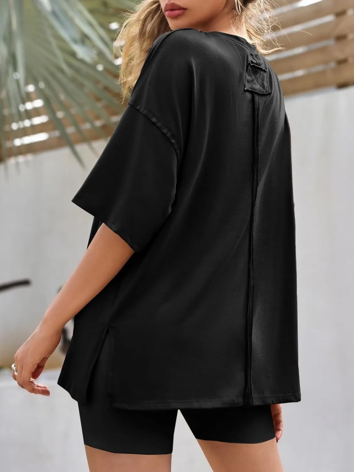 Tankaneo Womens Oversized Tshirts Summer Casual Short Sleeve Crew Neck T Shirt Loose Fit Side Slit Tee Tops