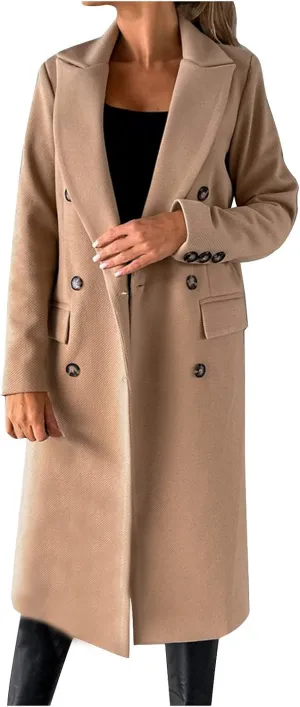 Trench Coat Women Winter Warm Wool Blend Camel Peacoat Elegant Notched Collar Double Breasted Over Coat Outwear