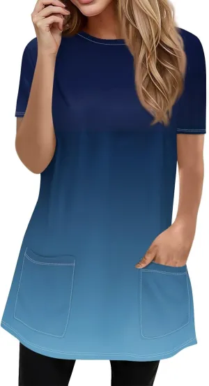 Trendy Short Sleeve Crewneck T Shirts Summer Plus Size Tunics or Tops to Wear with Leggings Casual Floral Blouses