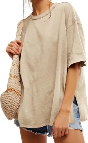 UNCLECAT Womens Oversized T Shirts Summer Trendy Short Sleeve Crew Neck Tops Loose Fit Side Slit Tee