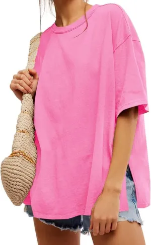 UNCLECAT Womens Oversized T Shirts Summer Trendy Short Sleeve Crew Neck Tops Loose Fit Side Slit Tee