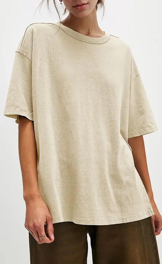 UNCLECAT Womens Oversized T Shirts Summer Trendy Short Sleeve Crew Neck Tops Loose Fit Side Slit Tee