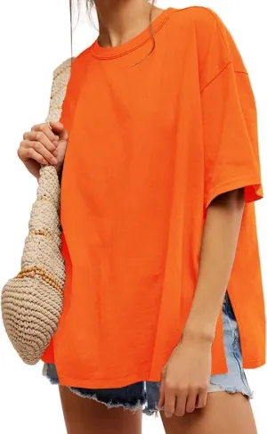 UNCLECAT Womens Oversized T Shirts Summer Trendy Short Sleeve Crew Neck Tops Loose Fit Side Slit Tee