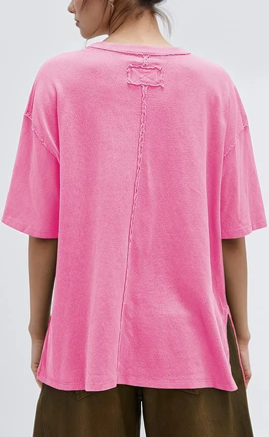 UNCLECAT Womens Oversized T Shirts Summer Trendy Short Sleeve Crew Neck Tops Loose Fit Side Slit Tee
