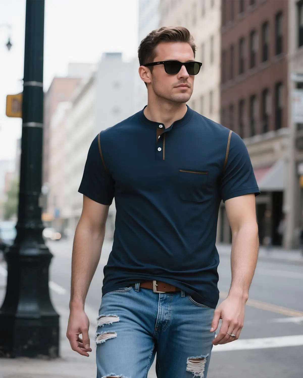 UOUA Men's Henley Shirts Short Sleeve Casual T-Shirts Cotton Basic Tops