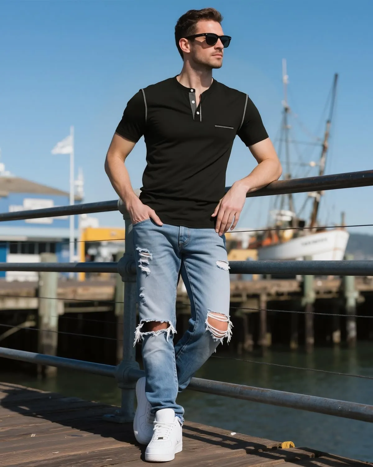 UOUA Men's Henley Shirts Short Sleeve Casual T-Shirts Cotton Basic Tops