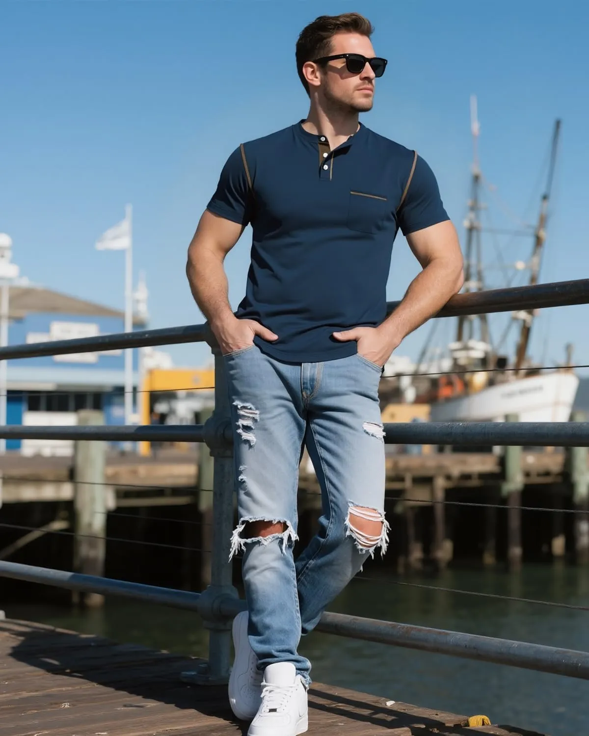 UOUA Men's Henley Shirts Short Sleeve Casual T-Shirts Cotton Basic Tops