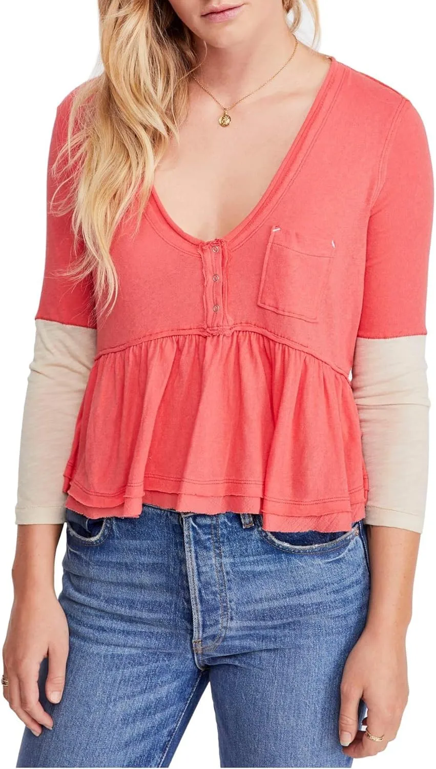We The Free Womens Heart of Mine Cotton Peplum Pullover Top Pink M