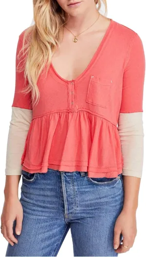 We The Free Womens Heart of Mine Cotton Peplum Pullover Top Pink M