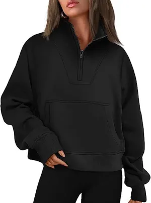 Women Half Zip Sweatshirts Oversized Long Sleeve Pocket Cropped Pullover Tops Trendy Fall Fashion Y2k Clothes