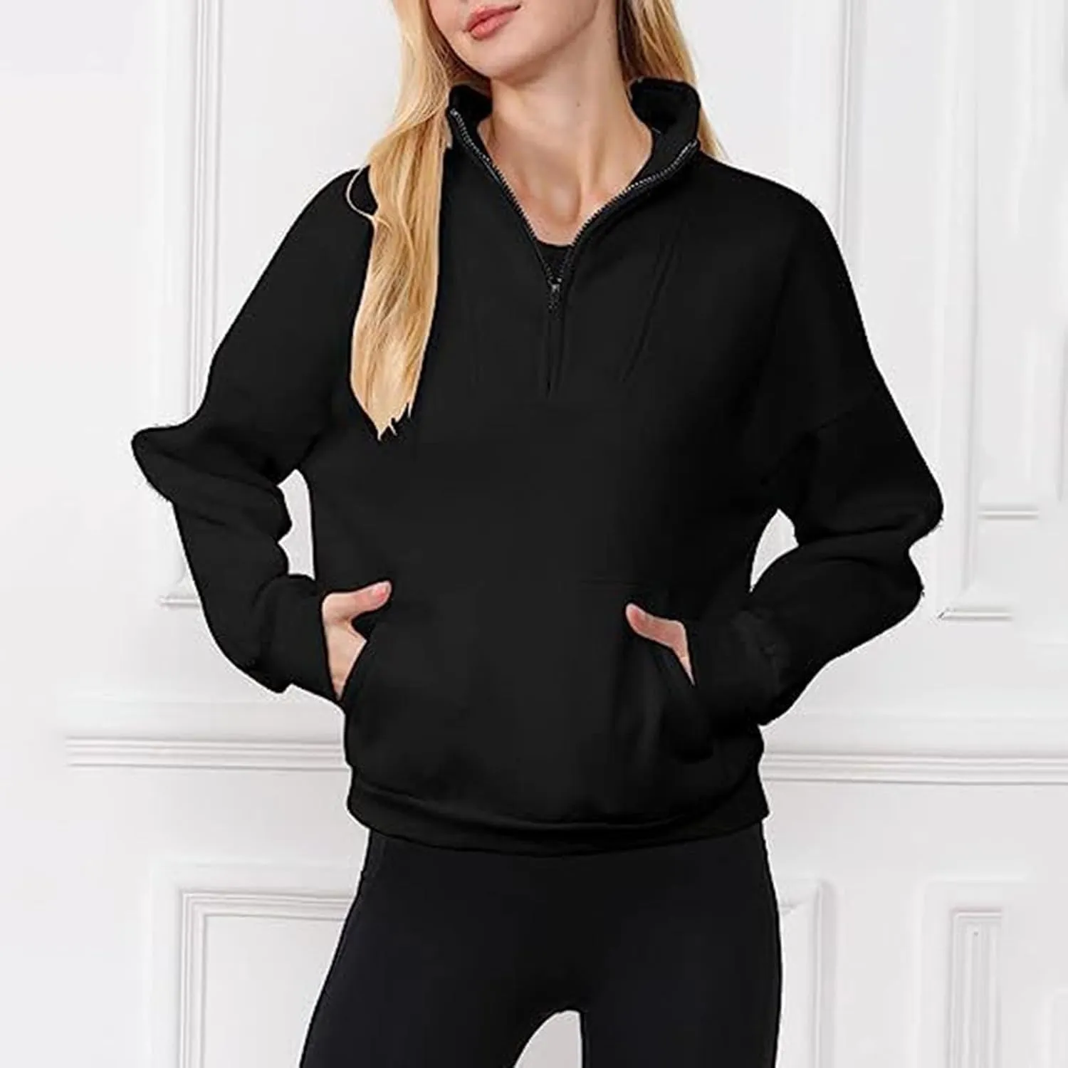 Women Half Zip Sweatshirts Oversized Long Sleeve Pocket Cropped Pullover Tops Trendy Fall Fashion Y2k Clothes