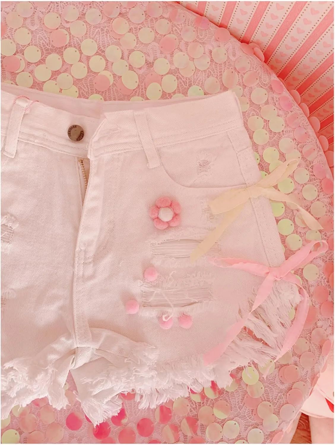 Women High Waisted Distressed Jean Shorts Teens Pink Vintage Ripped Denim Shorts with Cute Bow Strawberry