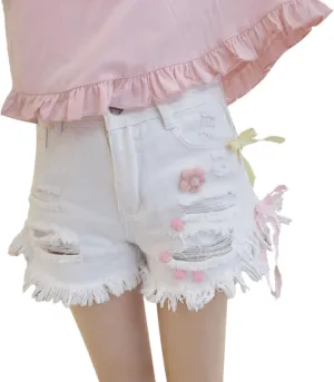 Women High Waisted Distressed Jean Shorts Teens Pink Vintage Ripped Denim Shorts with Cute Bow Strawberry