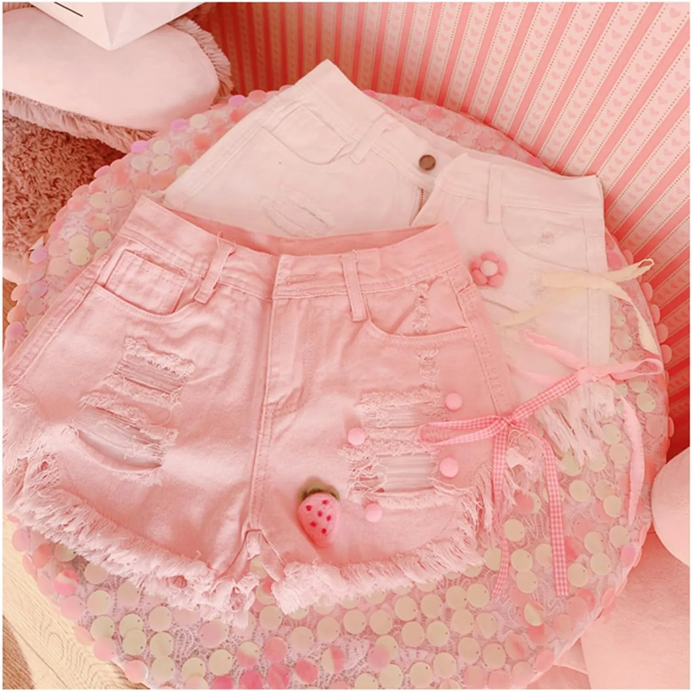 Women High Waisted Distressed Jean Shorts Teens Pink Vintage Ripped Denim Shorts with Cute Bow Strawberry