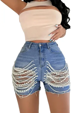 Women High Waisted Ripped Denim Shorts Pearls Beading Chain Distressed Raw Hem Stretchy Summer Jean Shorts