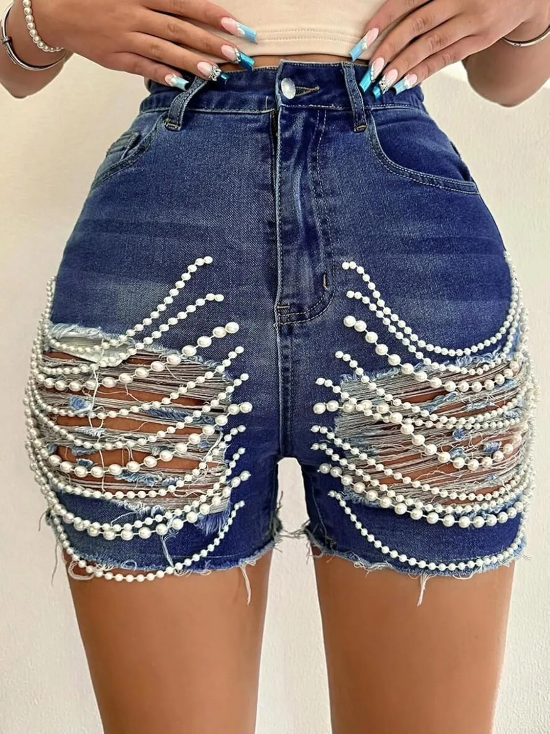 Women High Waisted Ripped Denim Shorts Pearls Beading Chain Distressed Raw Hem Stretchy Summer Jean Shorts