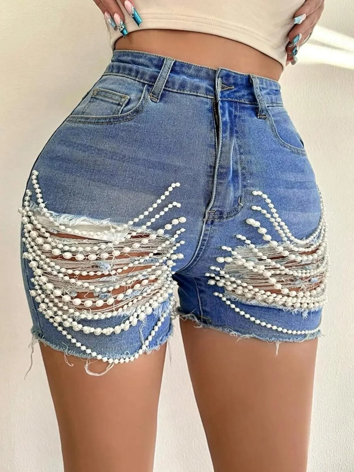 Women High Waisted Ripped Denim Shorts Pearls Beading Chain Distressed Raw Hem Stretchy Summer Jean Shorts