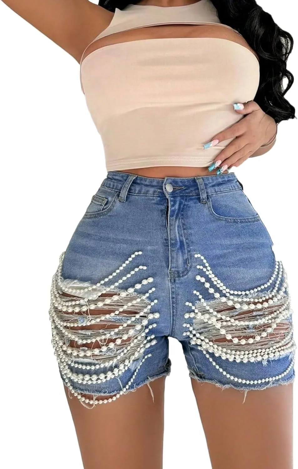 Women High Waisted Ripped Denim Shorts Pearls Beading Chain Distressed Raw Hem Stretchy Summer Jean Shorts