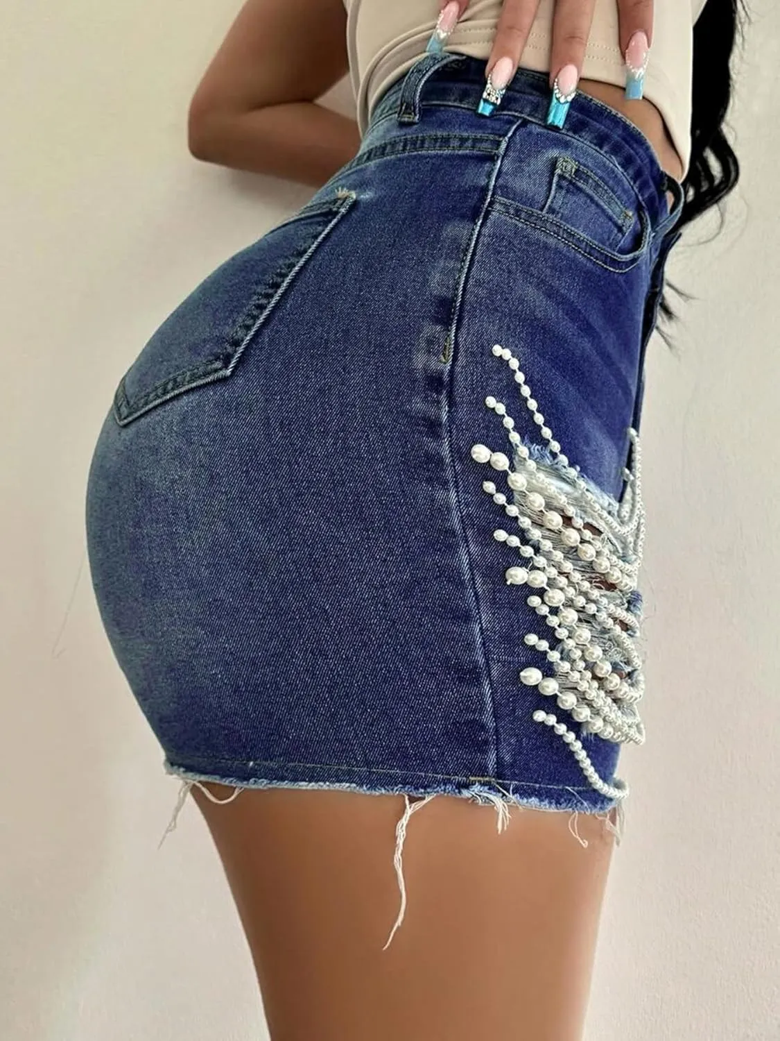 Women High Waisted Ripped Denim Shorts Pearls Beading Chain Distressed Raw Hem Stretchy Summer Jean Shorts