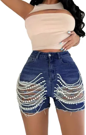 Women High Waisted Ripped Denim Shorts Pearls Beading Chain Distressed Raw Hem Stretchy Summer Jean Shorts